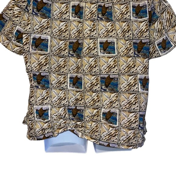 Vtg Hilo Hattie Hawaiian Shirt Mens XL Canoe Sail Beach Vacation Aloha Leaf Tan - Picture 8 of 10